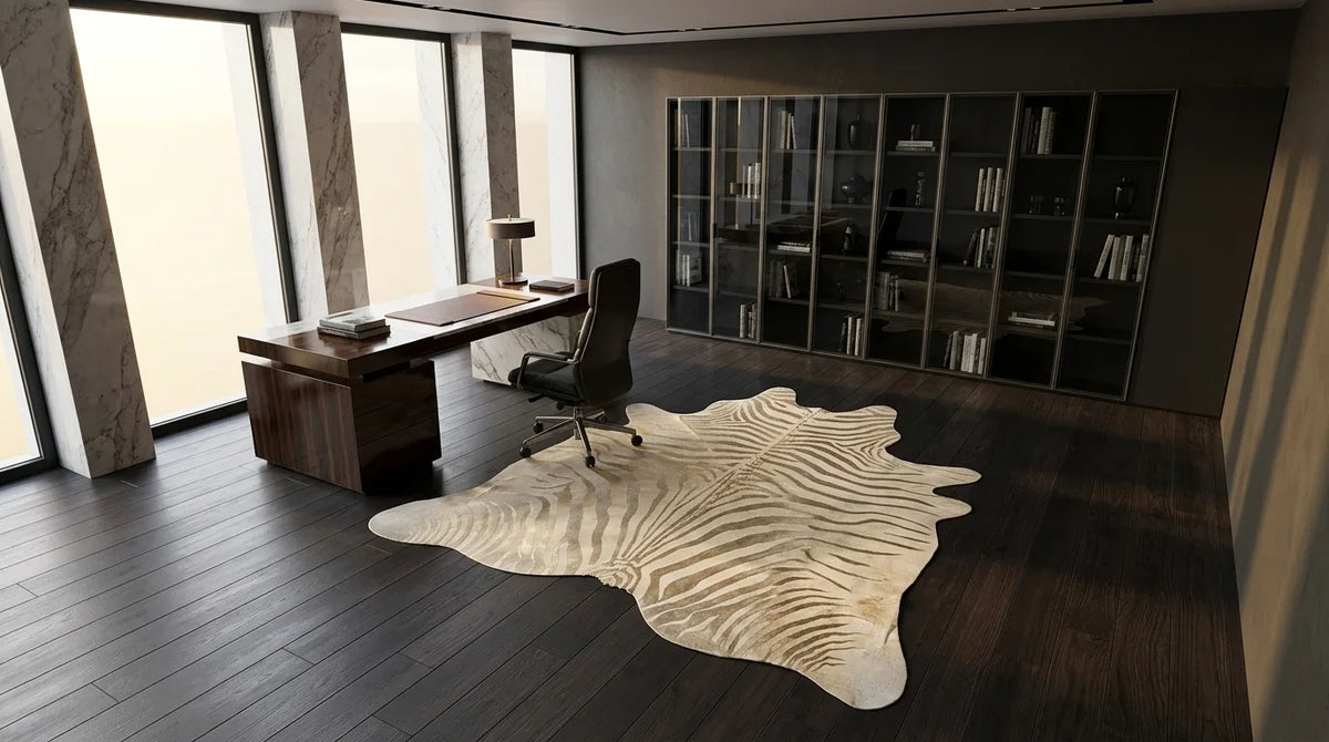 Beige and White cowhide rug under desk in milano penthouse home office