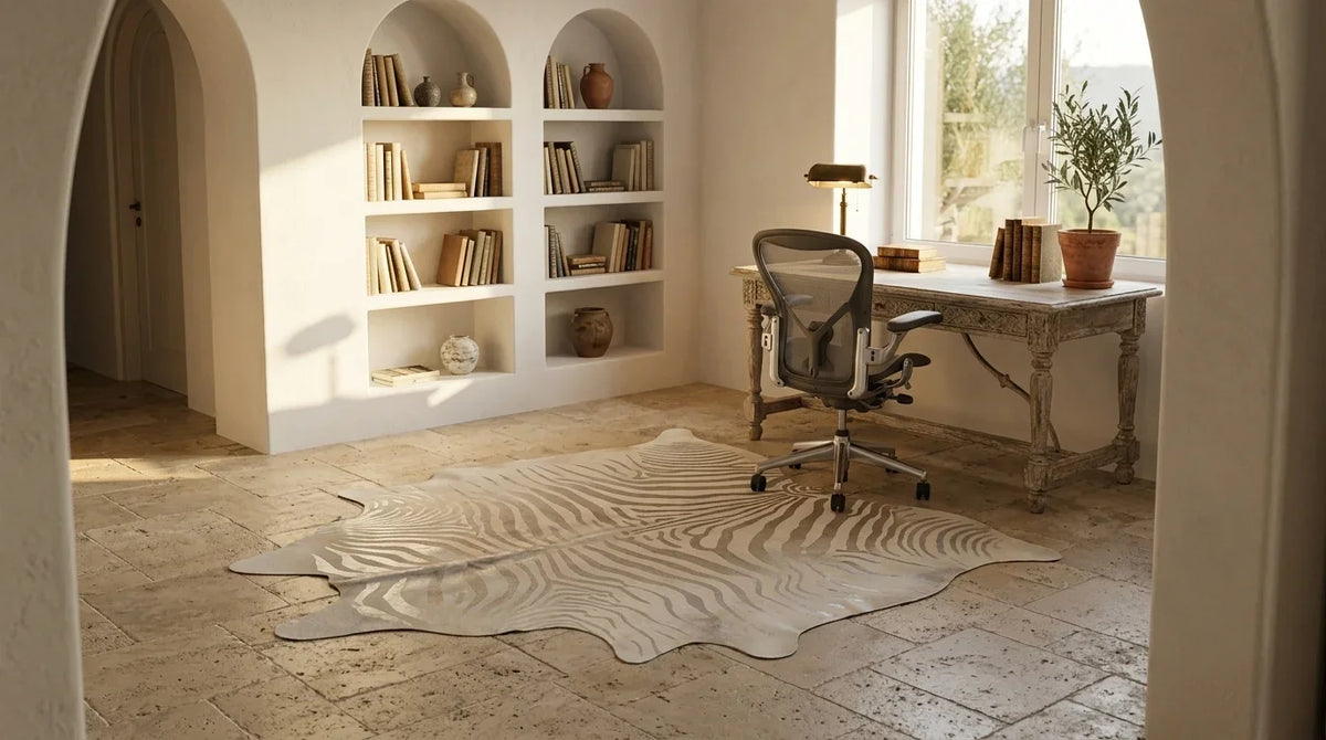 Beige and White cowhide rug under desk in organic mediterranean home office
