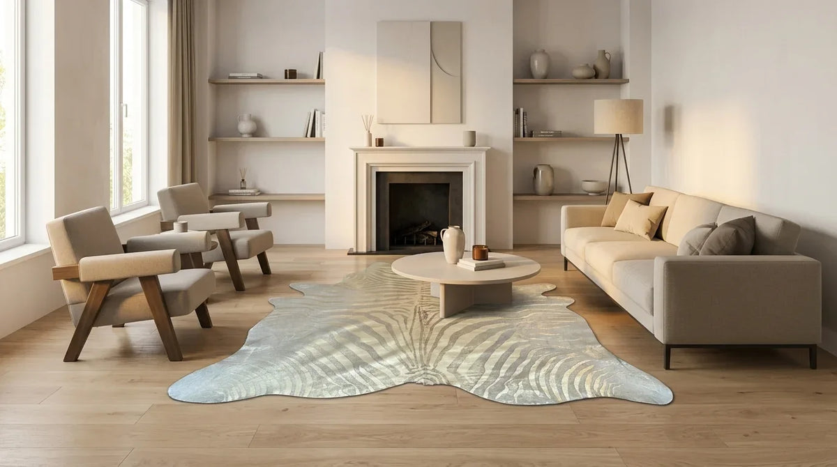 Beige and White cowhide rug on hardwood floor in contemporary european living room