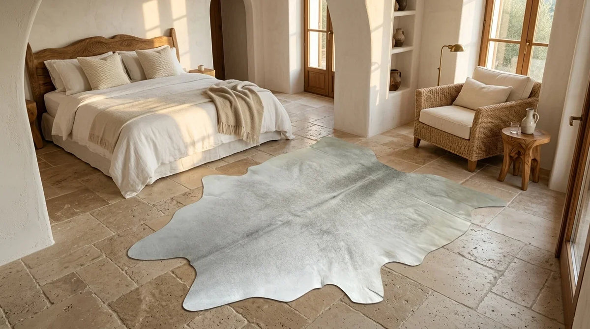 Beige cowhide rug beside bed in organic mediterranean bedroom