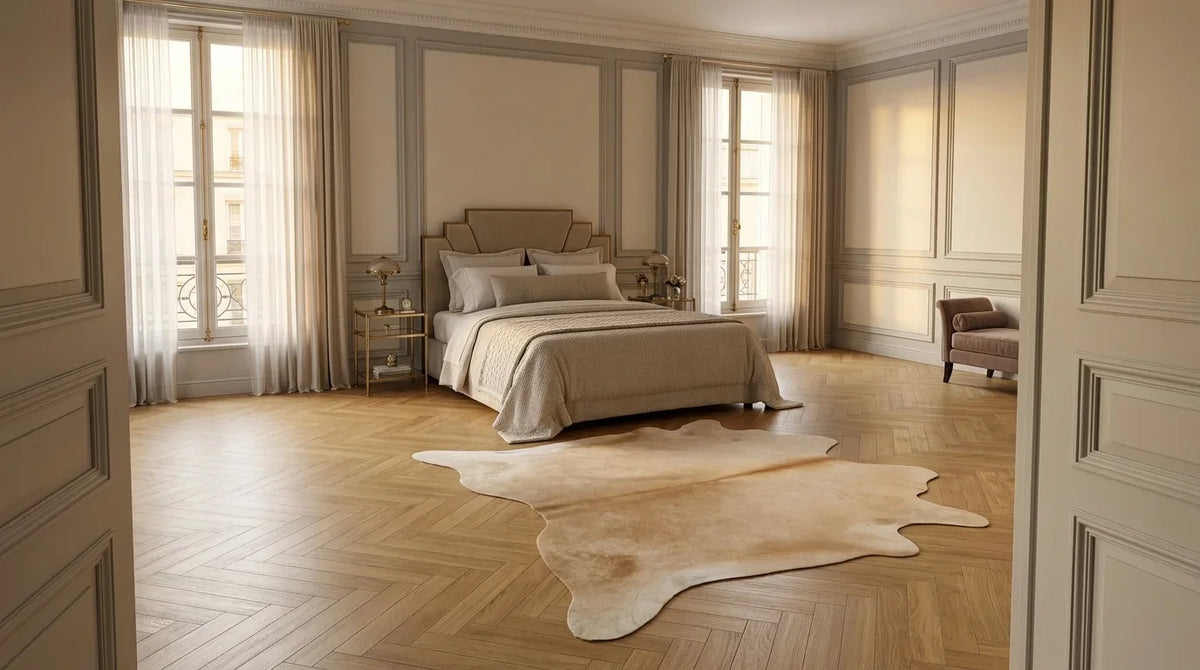 Beige cowhide rug beside bed in parisian artdeco bedroom