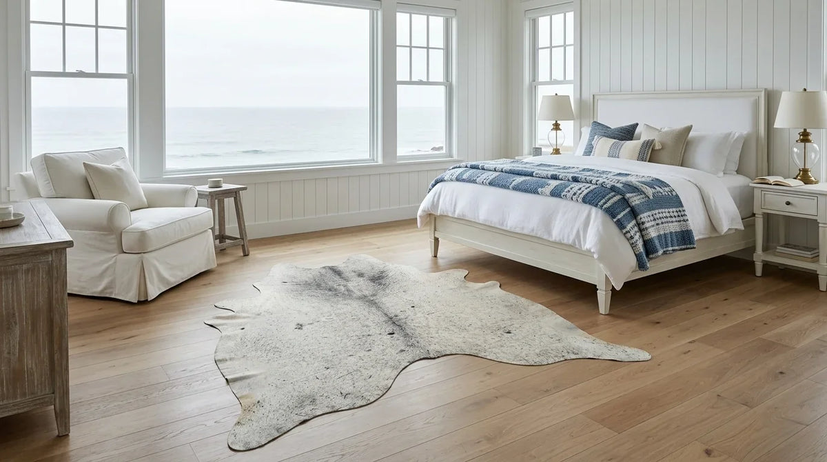 Beige cowhide rug beside bed in hamptons coastal bedroom