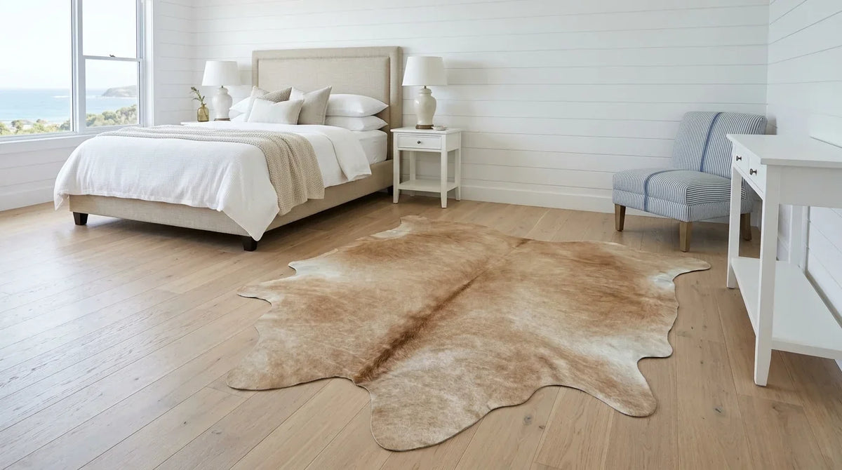 Beige cowhide rug beside bed in hamptons coastal bedroom