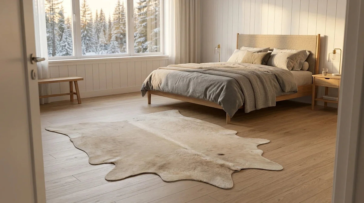 Beige cowhide rug beside bed in scandinavian cabin bedroom