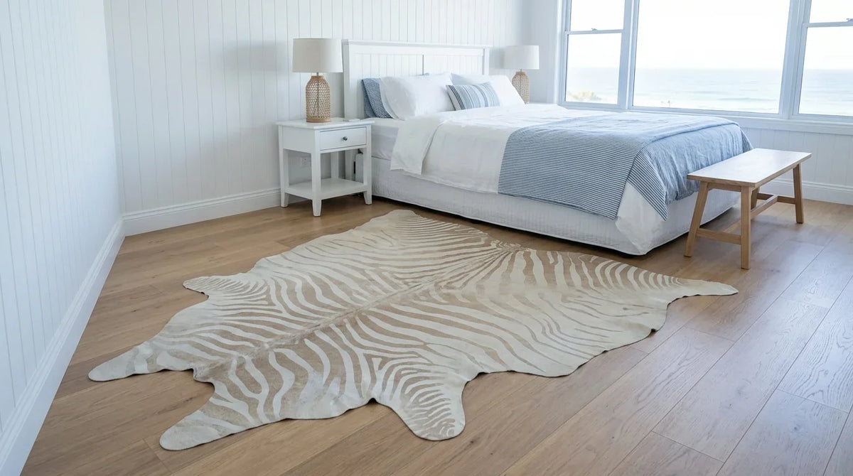 Beige cowhide rug beside bed in hamptons coastal bedroom