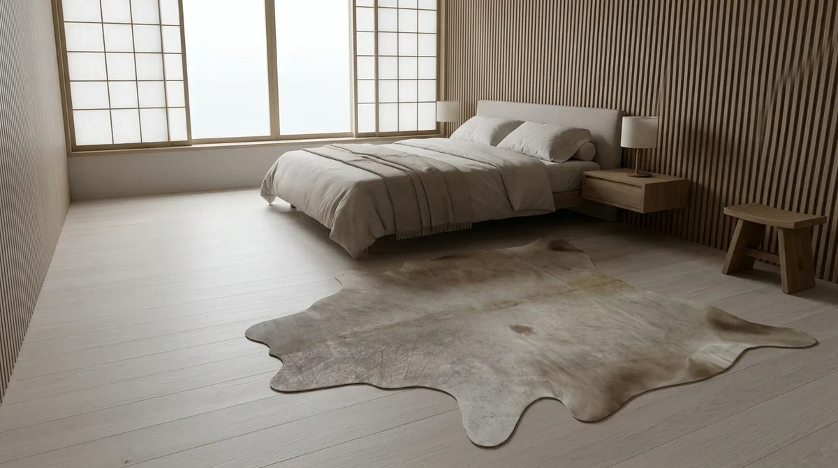 Beige cowhide rug beside bed in tokyo minimal bedroom