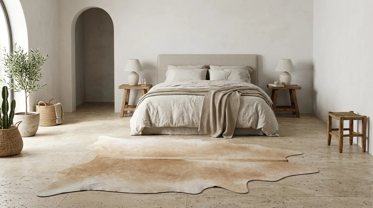 Beige cowhide rug beside bed in organic mediterranean bedroom