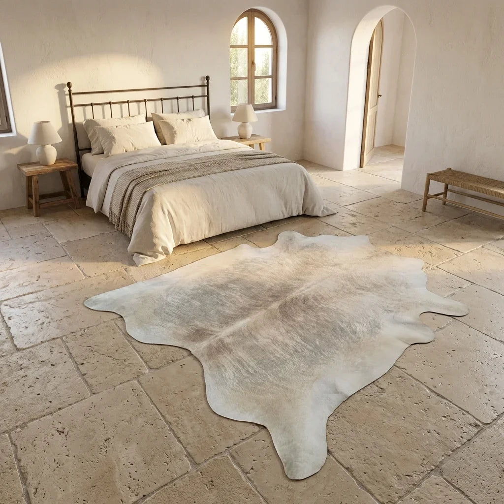 Beige cowhide rug beside bed in organic mediterranean bedroom