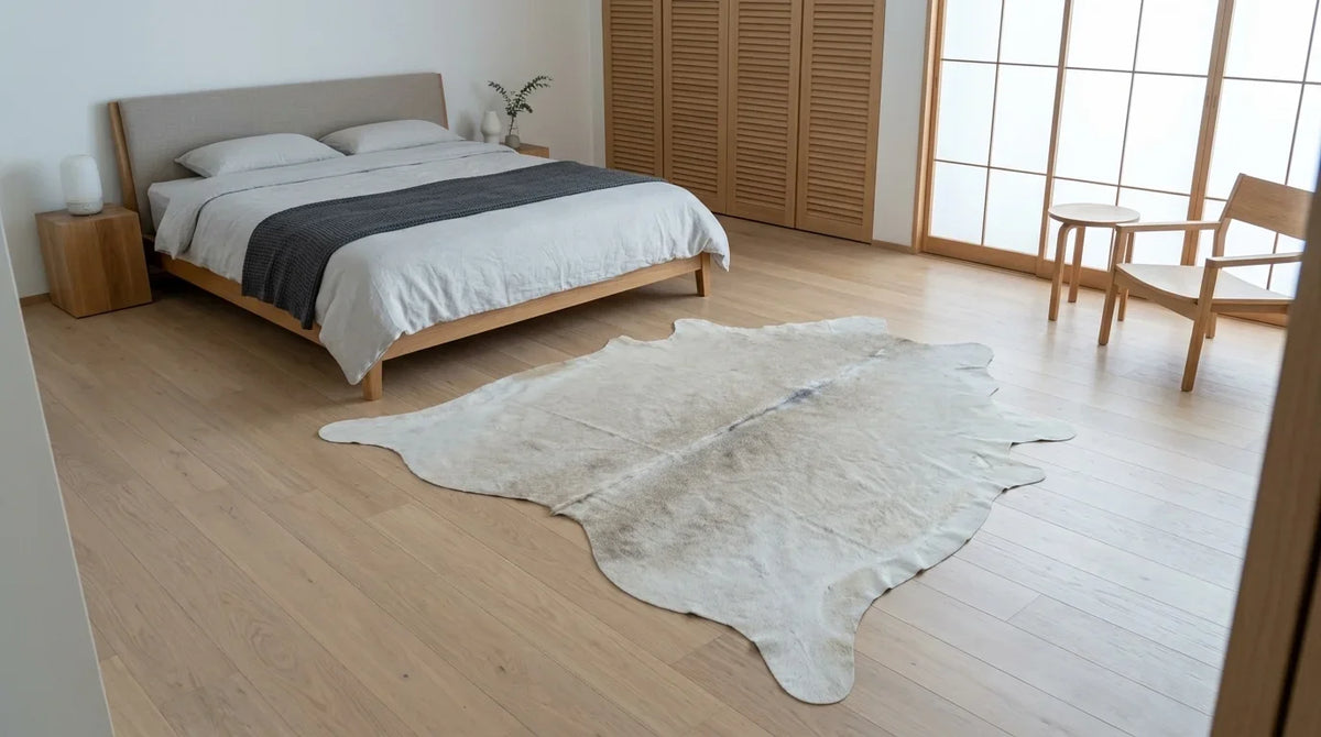 Beige cowhide rug beside bed in tokyo minimal bedroom