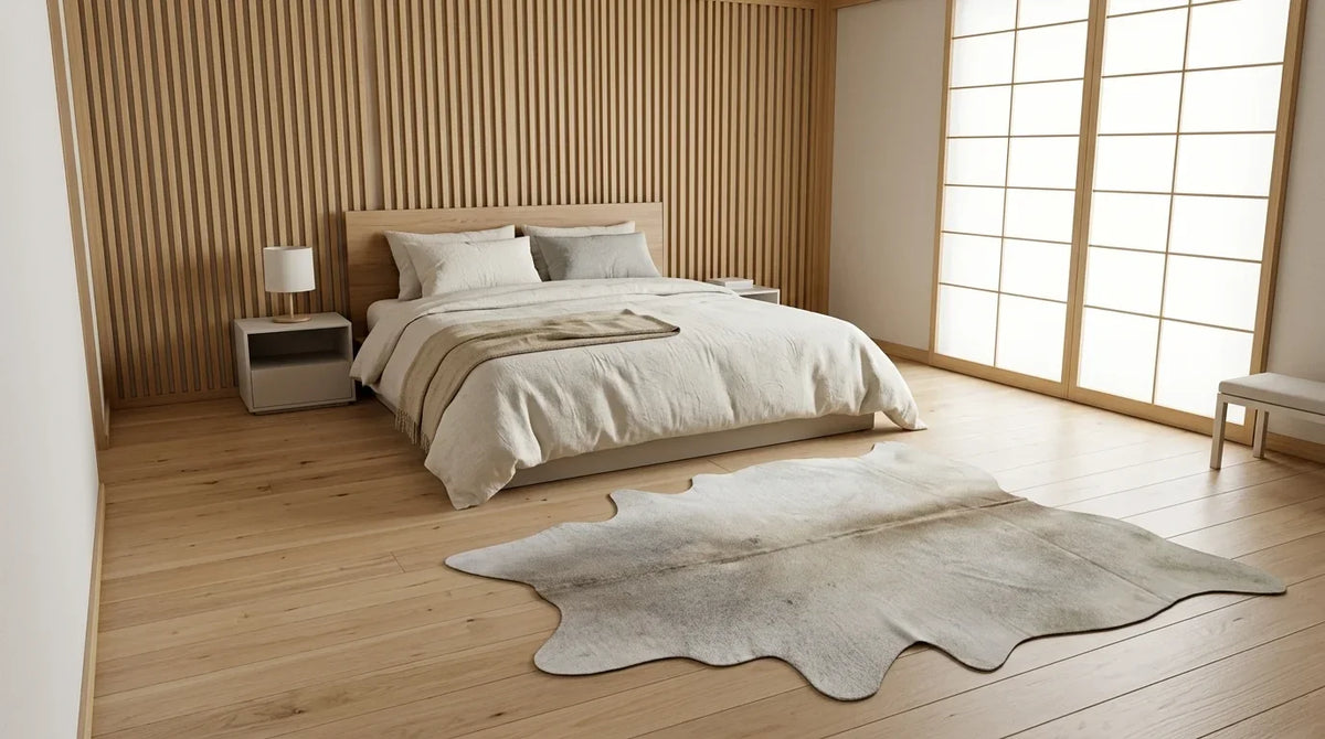 Beige cowhide rug beside bed in tokyo minimal bedroom
