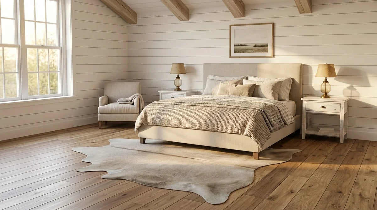 Beige cowhide rug beside bed in modern farmhouse bedroom