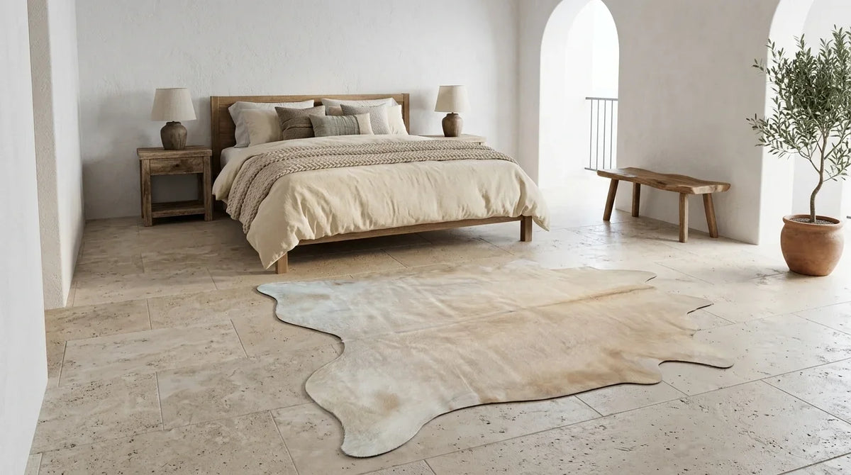 Beige cowhide rug beside bed in organic mediterranean bedroom