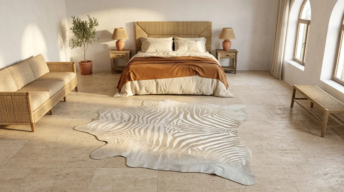 Beige cowhide rug beside bed in organic mediterranean bedroom