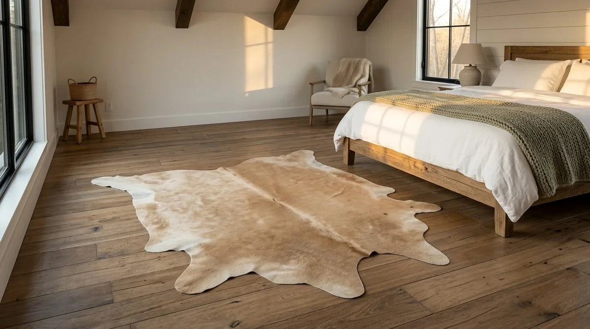 Beige cowhide rug beside bed in modern farmhouse bedroom