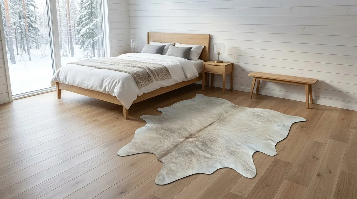 Beige cowhide rug beside bed in scandinavian cabin bedroom