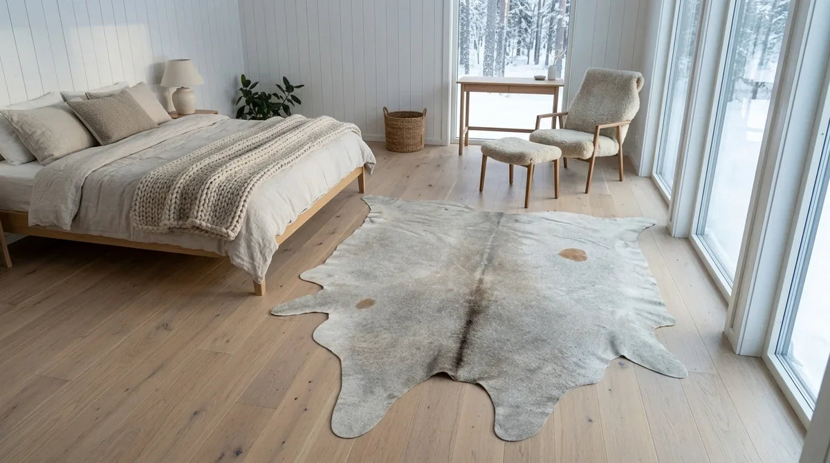 Beige cowhide rug beside bed in scandinavian cabin bedroom