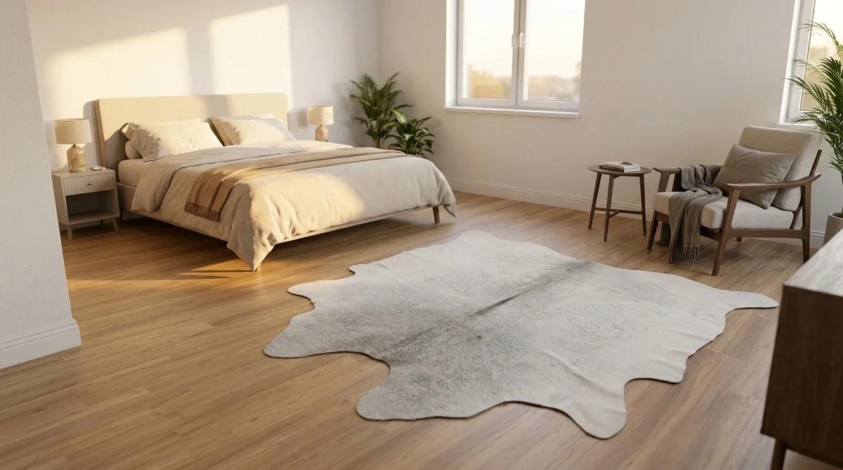 Beige cowhide rug beside bed in contemporary european bedroom