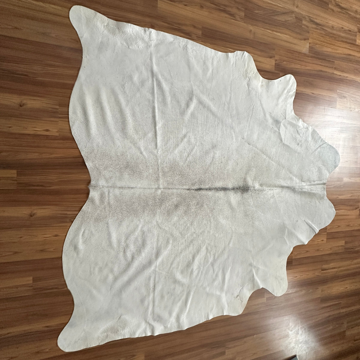 Beige cowhide rug, full overhead view — Subtle cream and ivory tones with natural hide texture and organic edges
