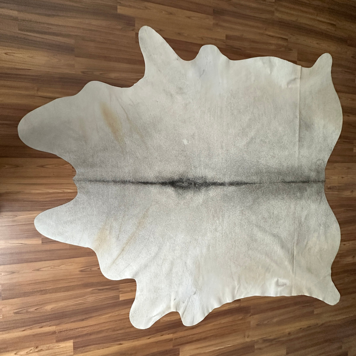 Beige cowhide rug, full overhead view