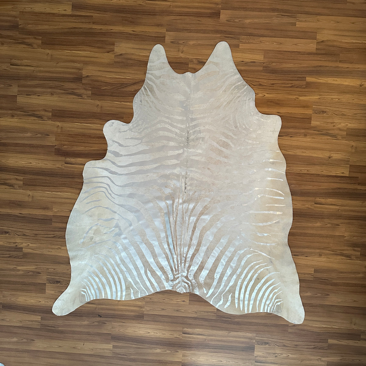Beige exotic cowhide rug, full overhead view — Fine zebra-striped metallic print in silver and cream over cream base