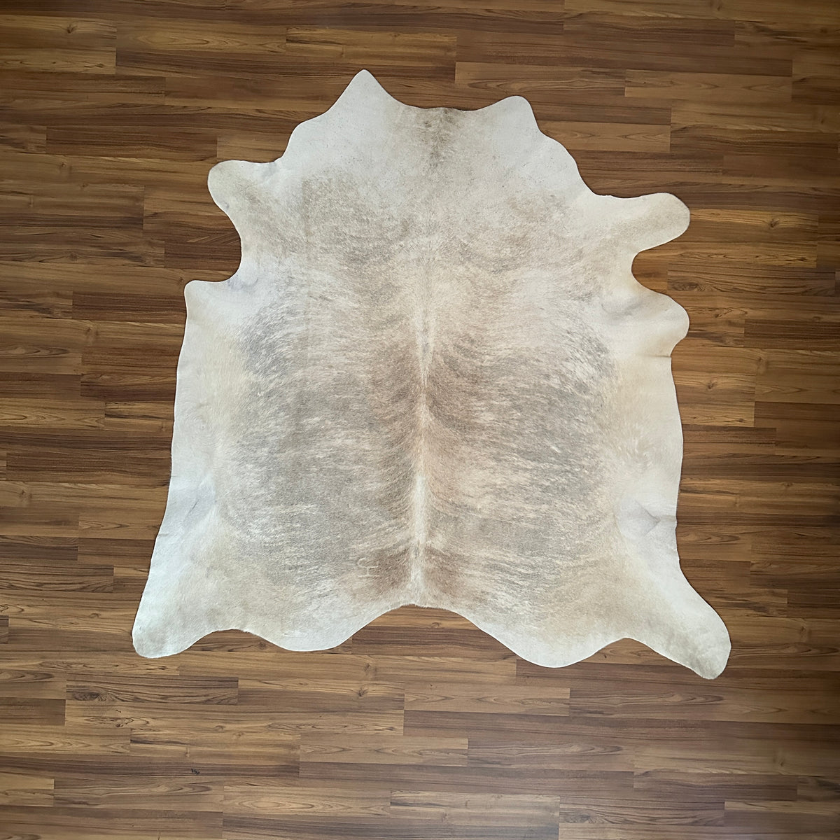 Beige cowhide rug, full overhead view — Large irregular grey-brown patches over cream base with natural hide markings