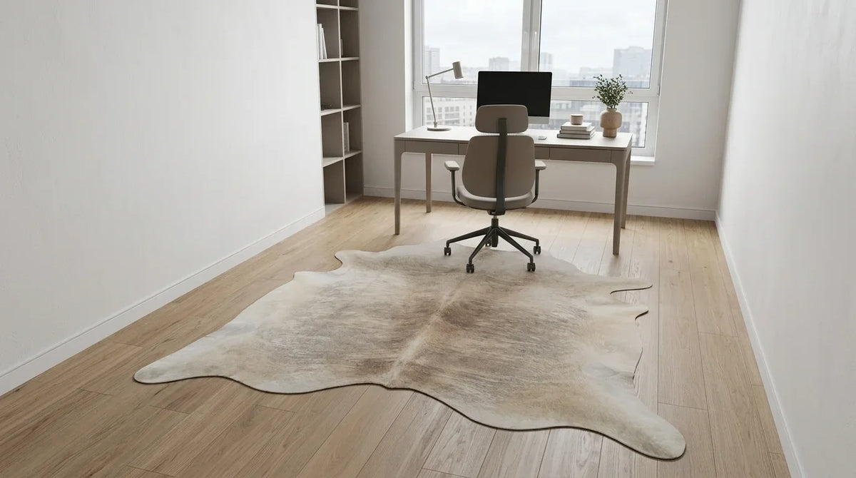 Beige cowhide rug under desk in contemporary european home office