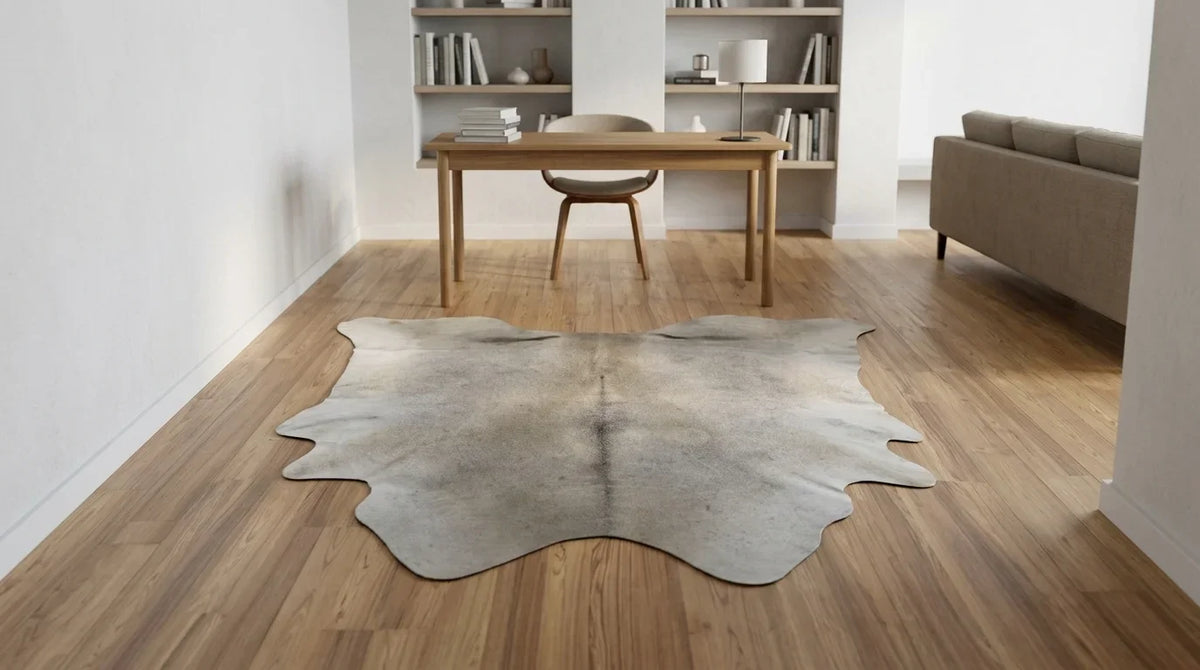 Beige cowhide rug under desk in Contemporary European home office