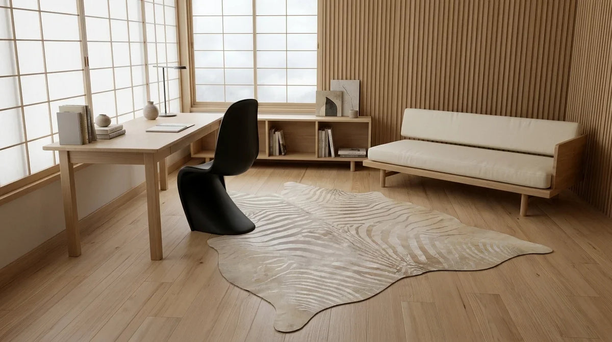 Beige cowhide rug under desk in tokyo minimal home office