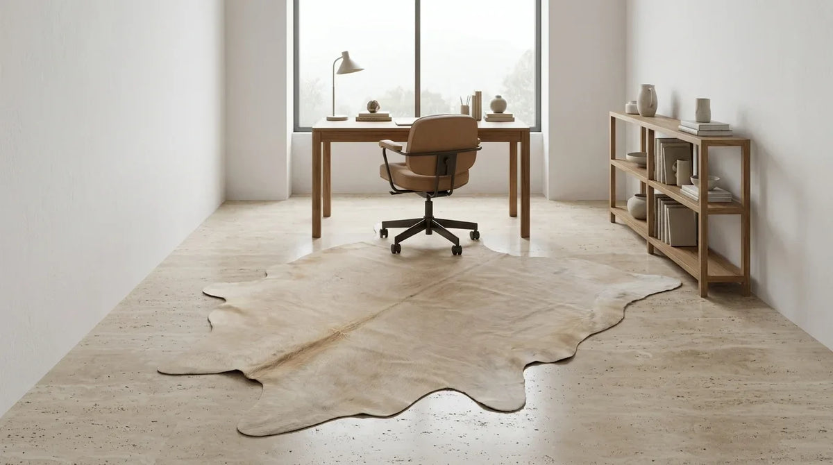 Beige cowhide rug under desk in organic mediterranean home office