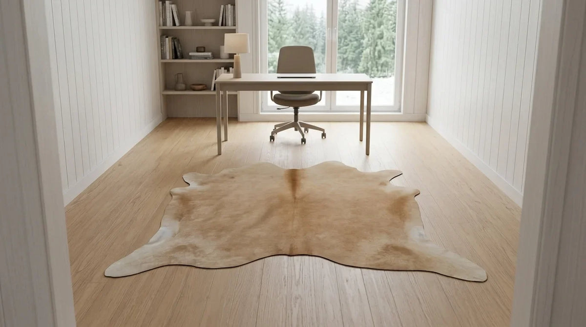 Beige cowhide rug under desk in scandinavian cabin home office