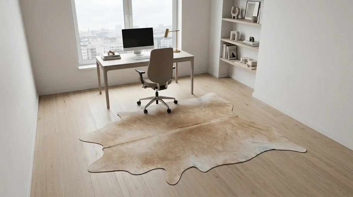 Beige cowhide rug under desk in contemporary european home office