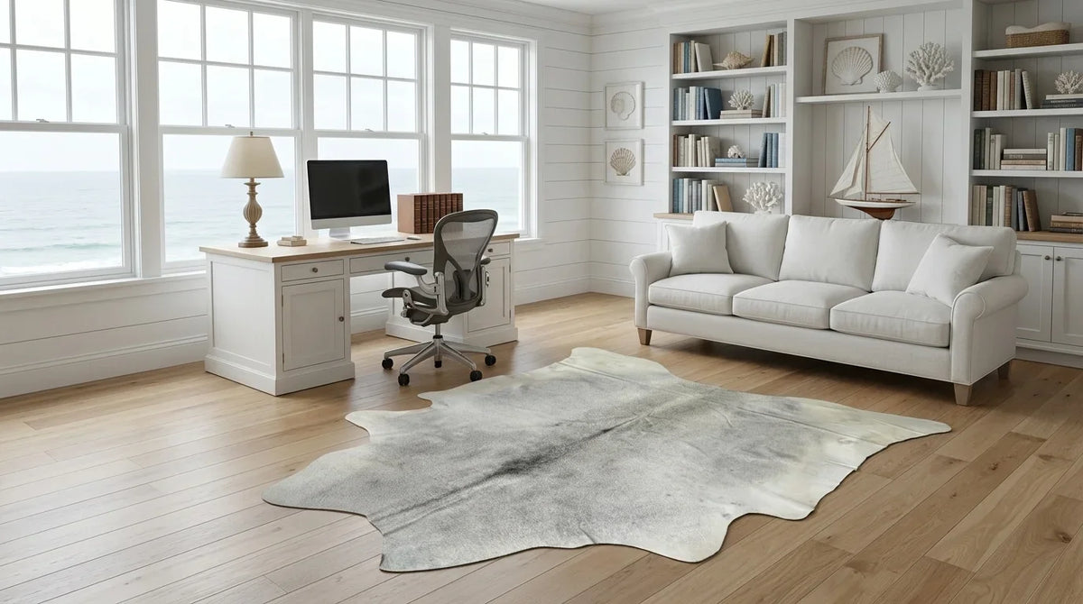 Beige cowhide rug under desk in hamptons coastal home office