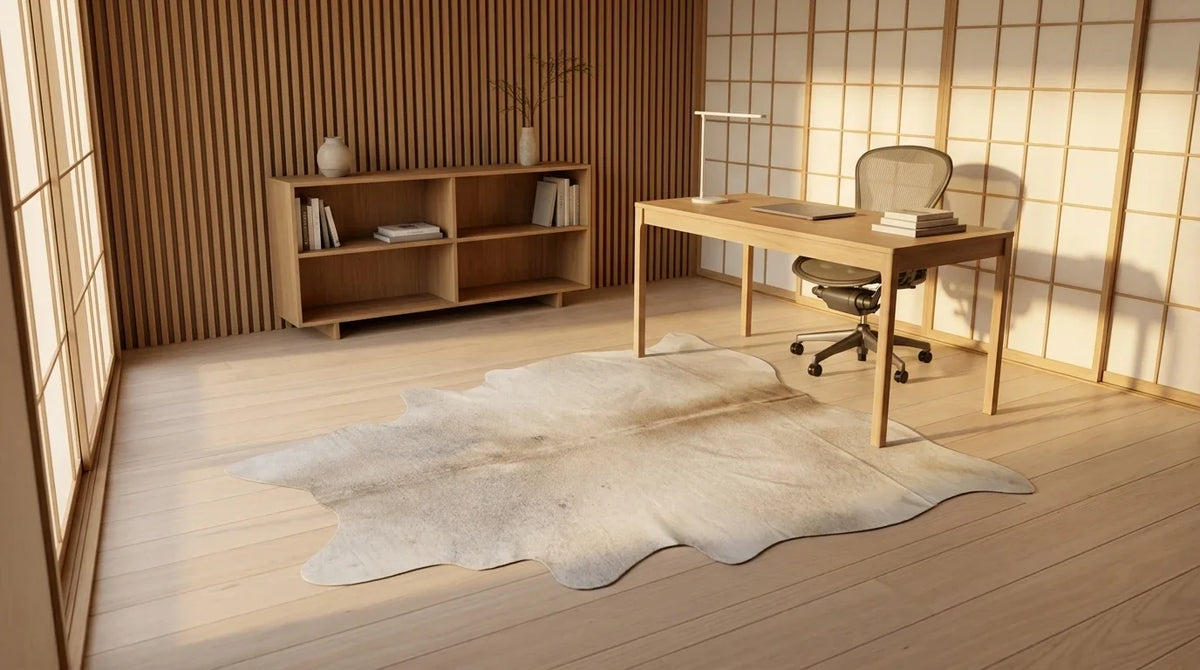 Beige cowhide rug under desk in Tokyo Minimal home office