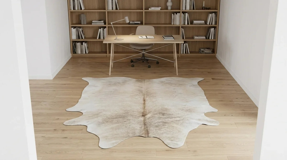 Beige cowhide rug under desk in contemporary european home office
