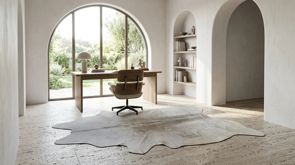 Beige cowhide rug under desk in organic mediterranean home office