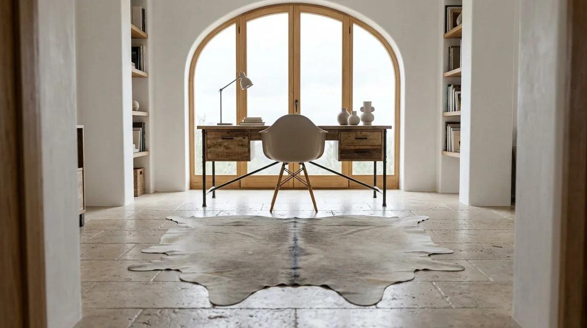 Beige cowhide rug under desk in Organic Mediterranean home office