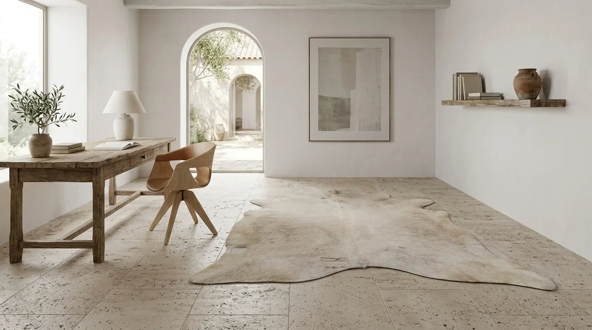 Beige cowhide rug under desk in organic mediterranean home office