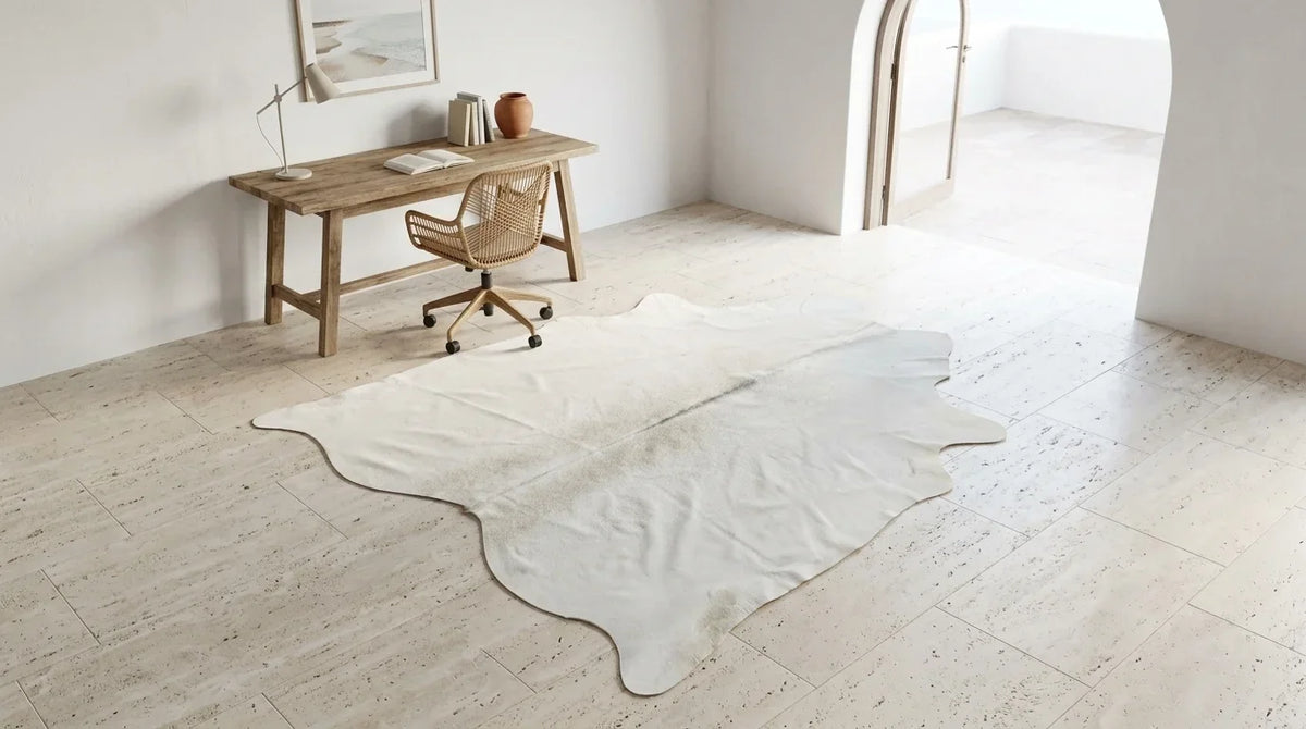Beige cowhide rug under desk in organic mediterranean home office