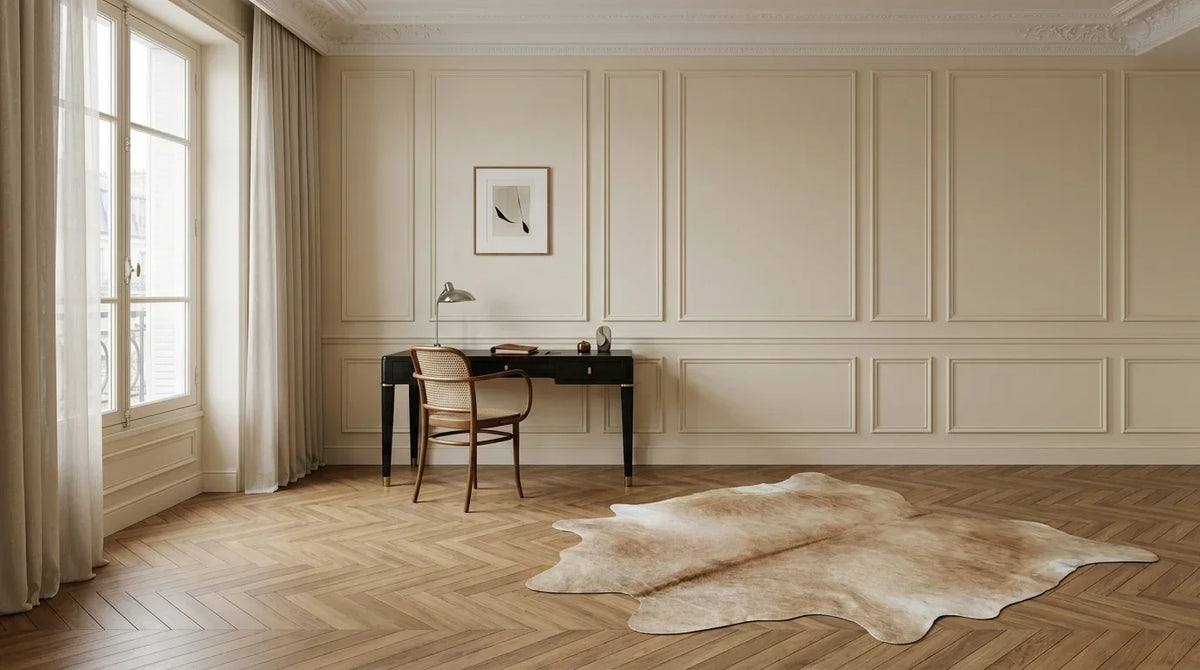 Beige cowhide rug under desk in Parisian Artdeco home office