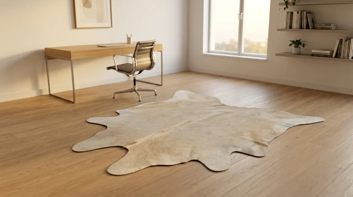 Beige cowhide rug under desk in contemporary european home office