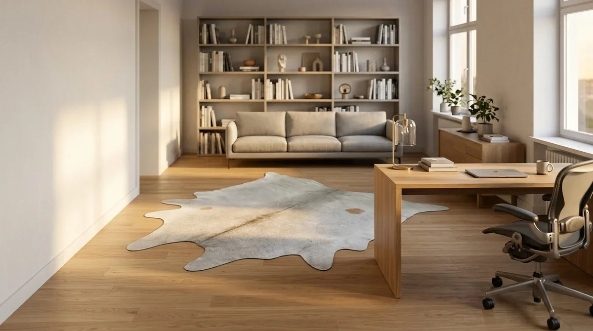 Beige cowhide rug under desk in contemporary european home office
