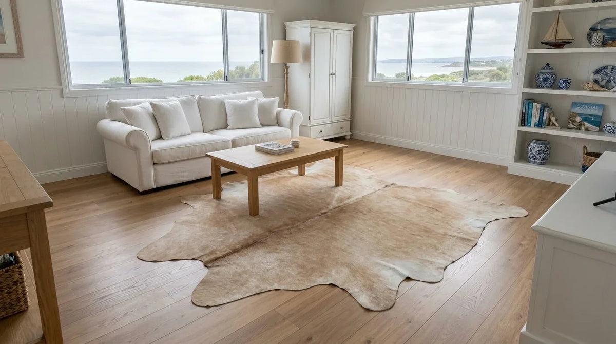 Beige cowhide rug on hardwood floor in hamptons coastal living room