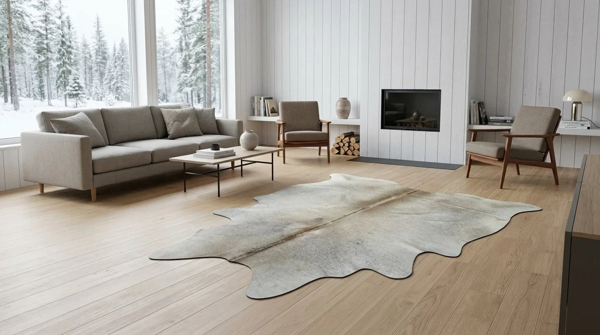 Beige cowhide rug on hardwood floor in scandinavian cabin living room