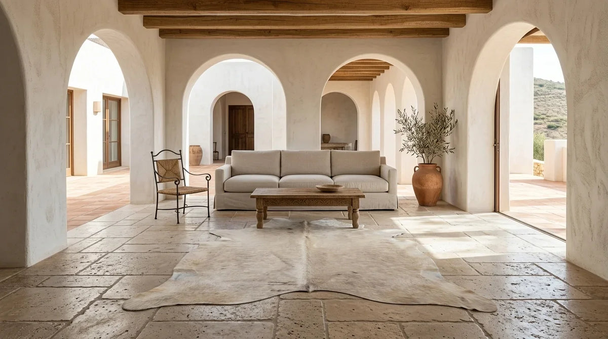 Beige cowhide rug on hardwood floor in organic mediterranean living room