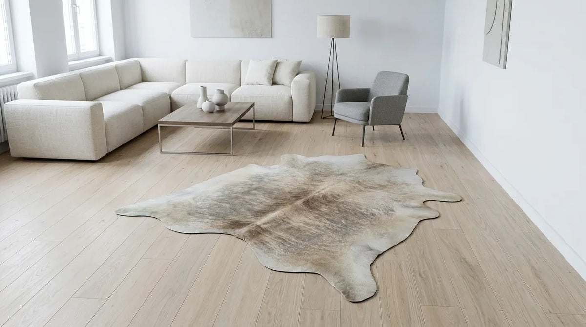 Beige cowhide rug on hardwood floor in contemporary european living room