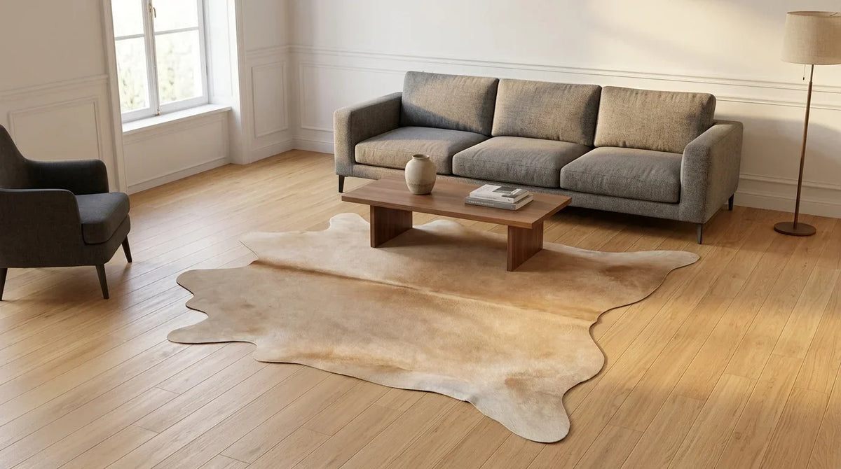 Beige cowhide rug on hardwood floor in contemporary european living room