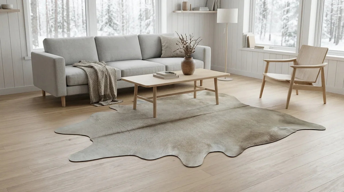 Beige cowhide rug on hardwood floor in scandinavian cabin living room