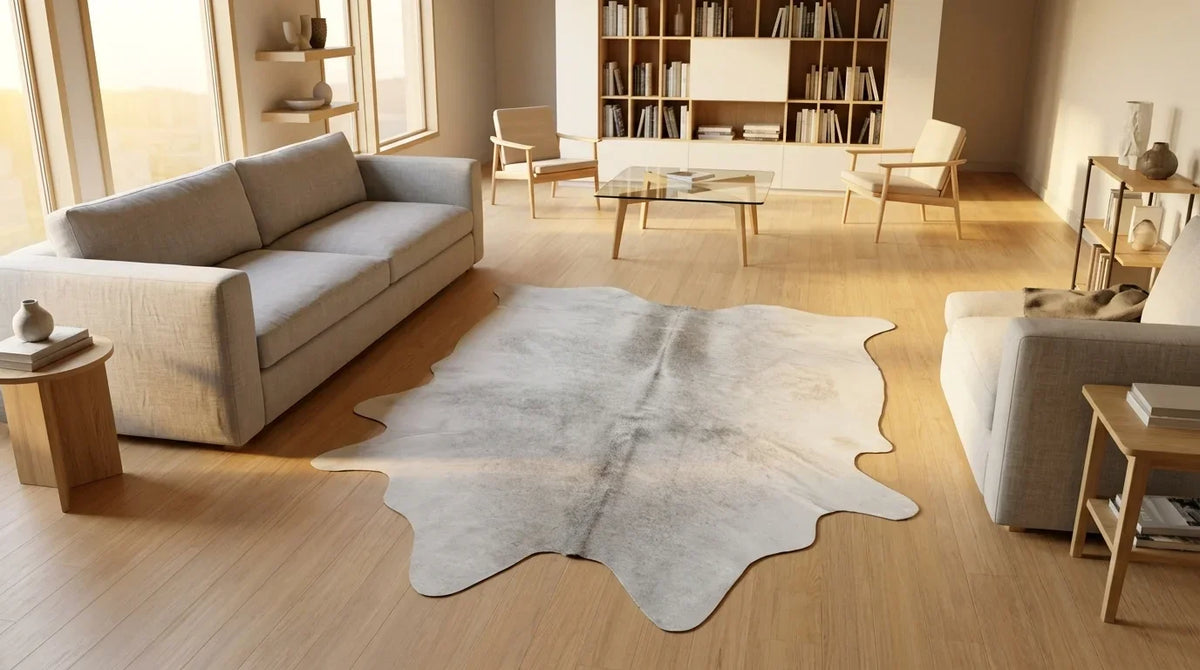Beige cowhide rug on hardwood floor in scandinavian cabin living room