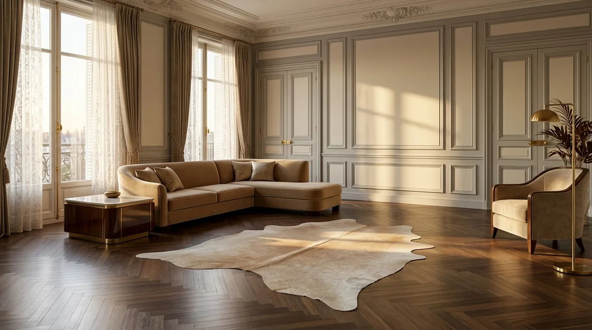 Beige cowhide rug on hardwood floor in parisian artdeco living room