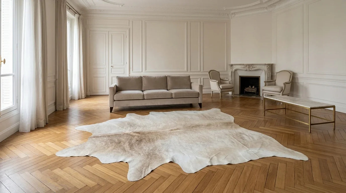 Beige cowhide rug on hardwood floor in parisian artdeco living room